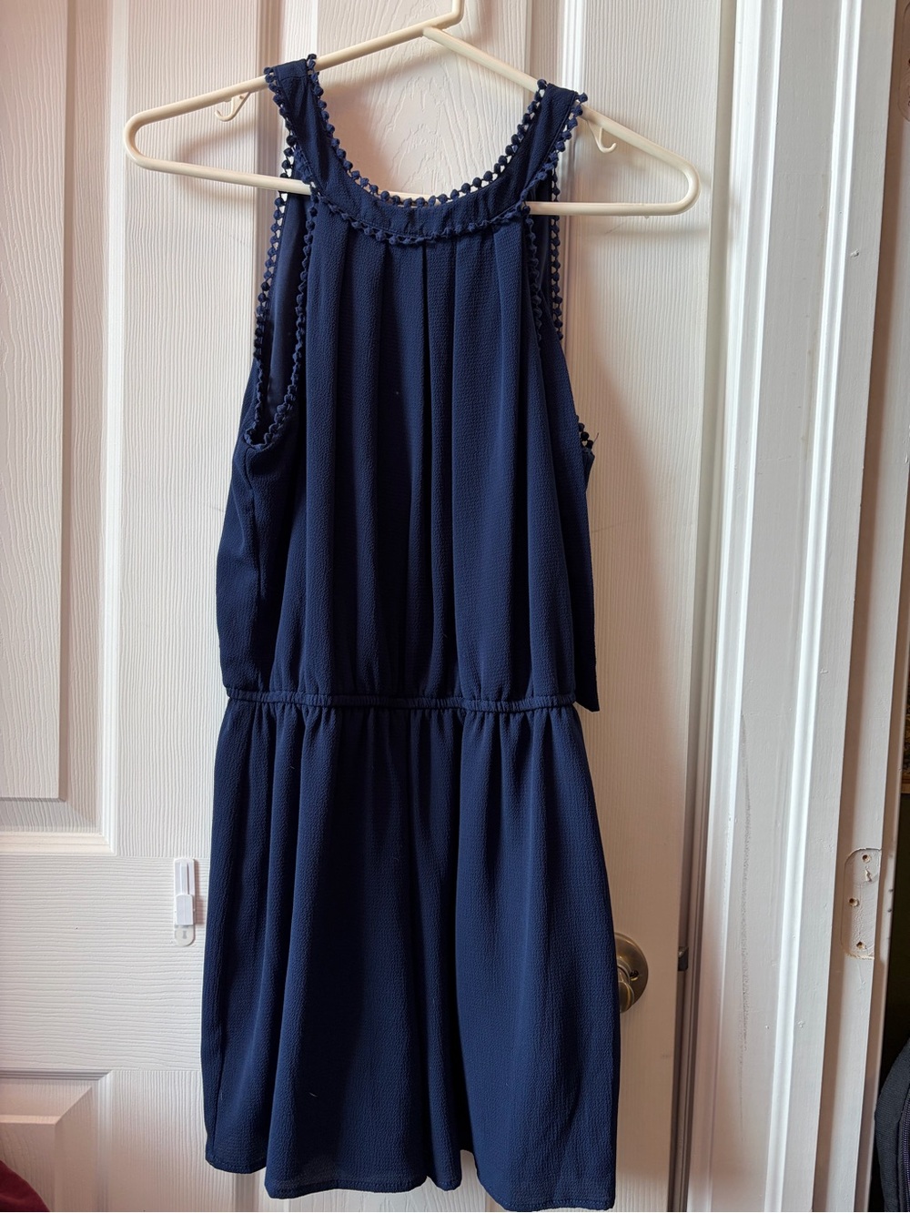 Navy Sleeveless Pom-Trim Romper